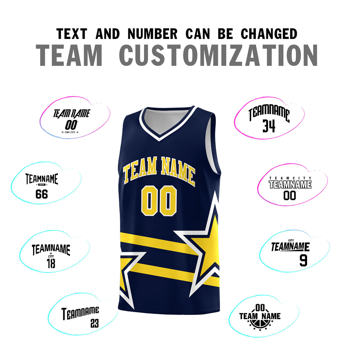 Custom Navy Basketball Kits With Gold Star Pattern And Double Lines