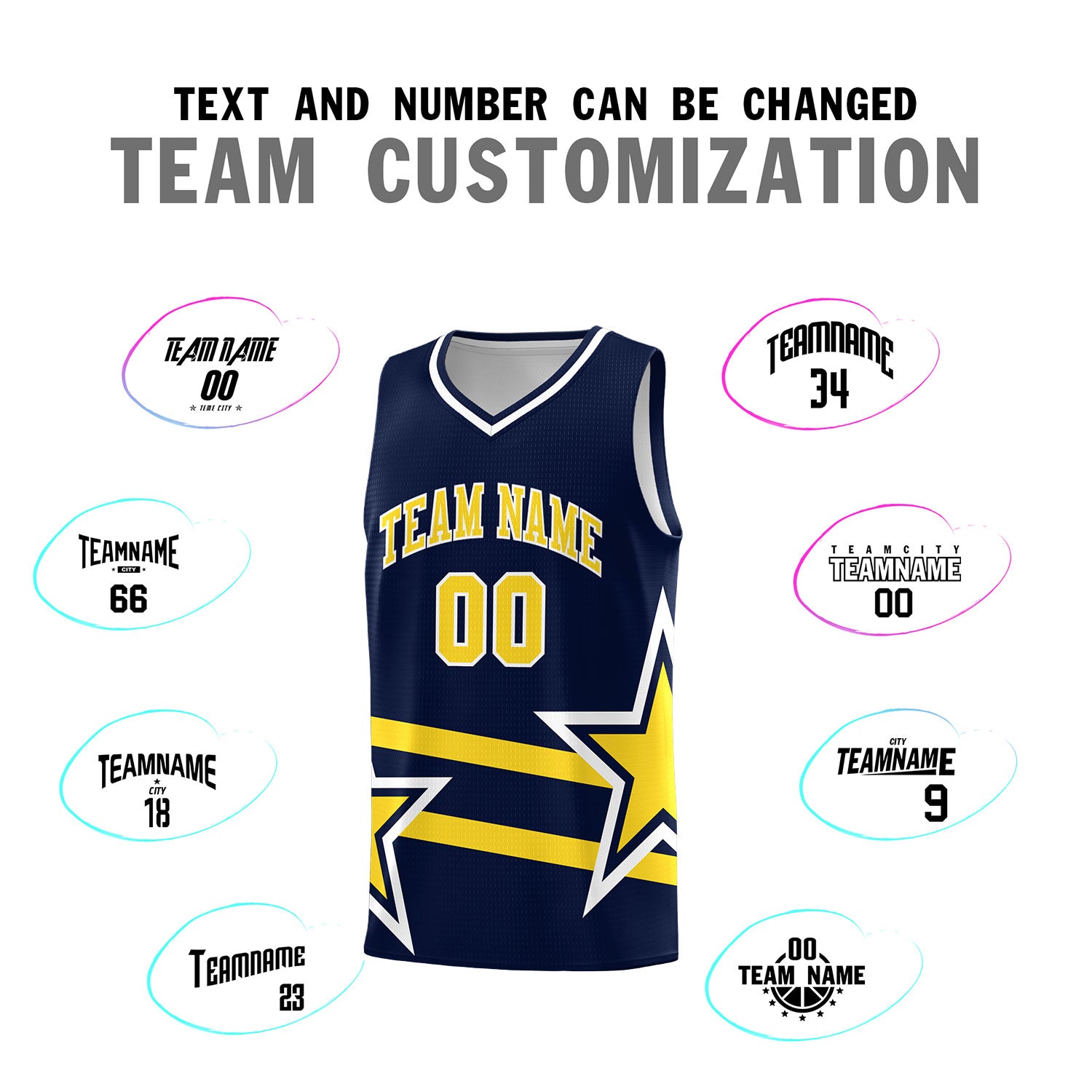 Custom Navy Basketball Kits With Gold Star Pattern And Double Lines