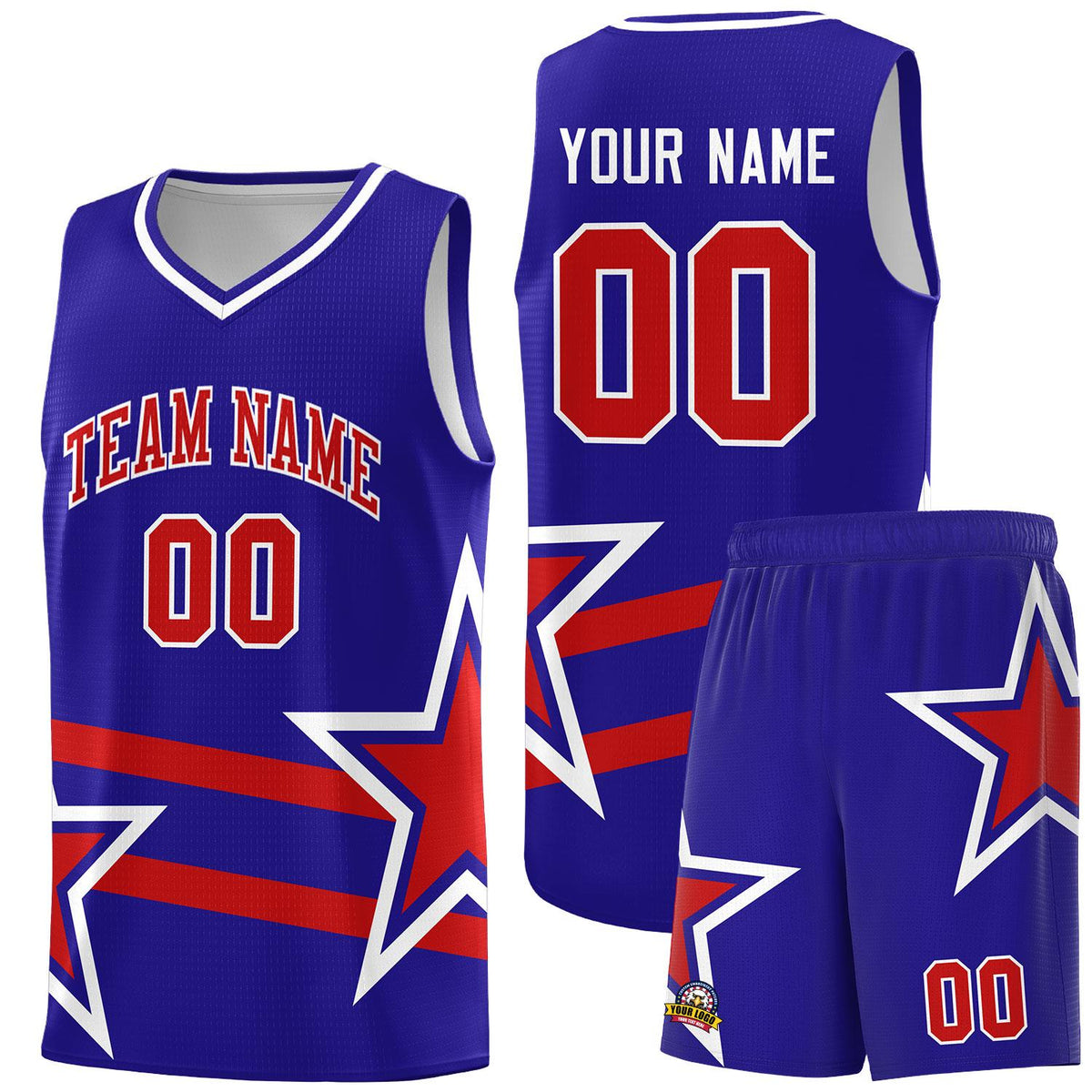 Custom Royal Basketball Kits With Red Star Pattern And Double Lines