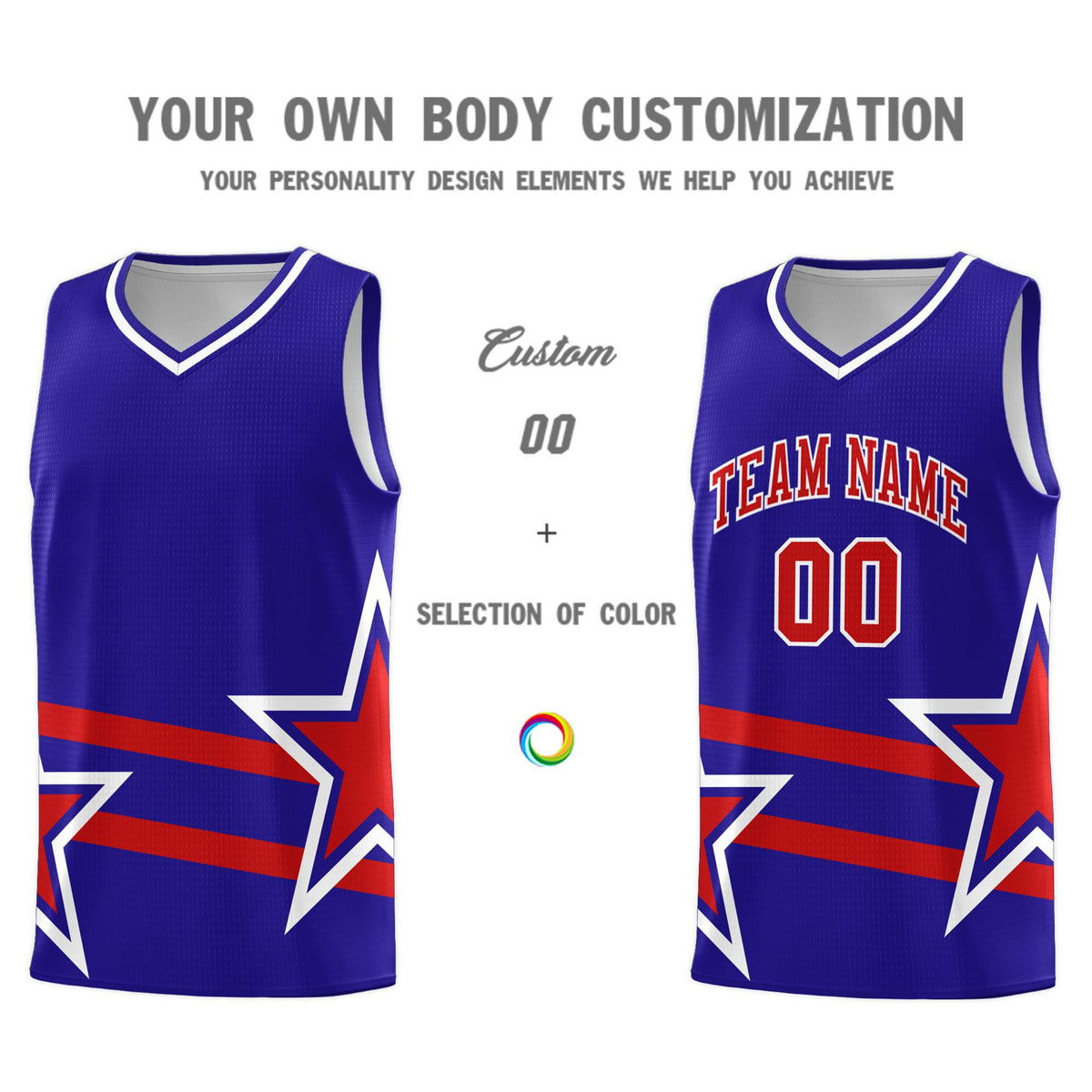 Custom Royal Basketball Kits With Red Star Pattern And Double Lines