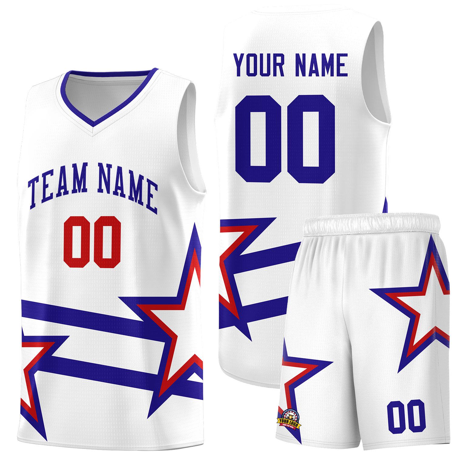 Custom Red Basketball Kits With Royal Star Pattern And Double Lines