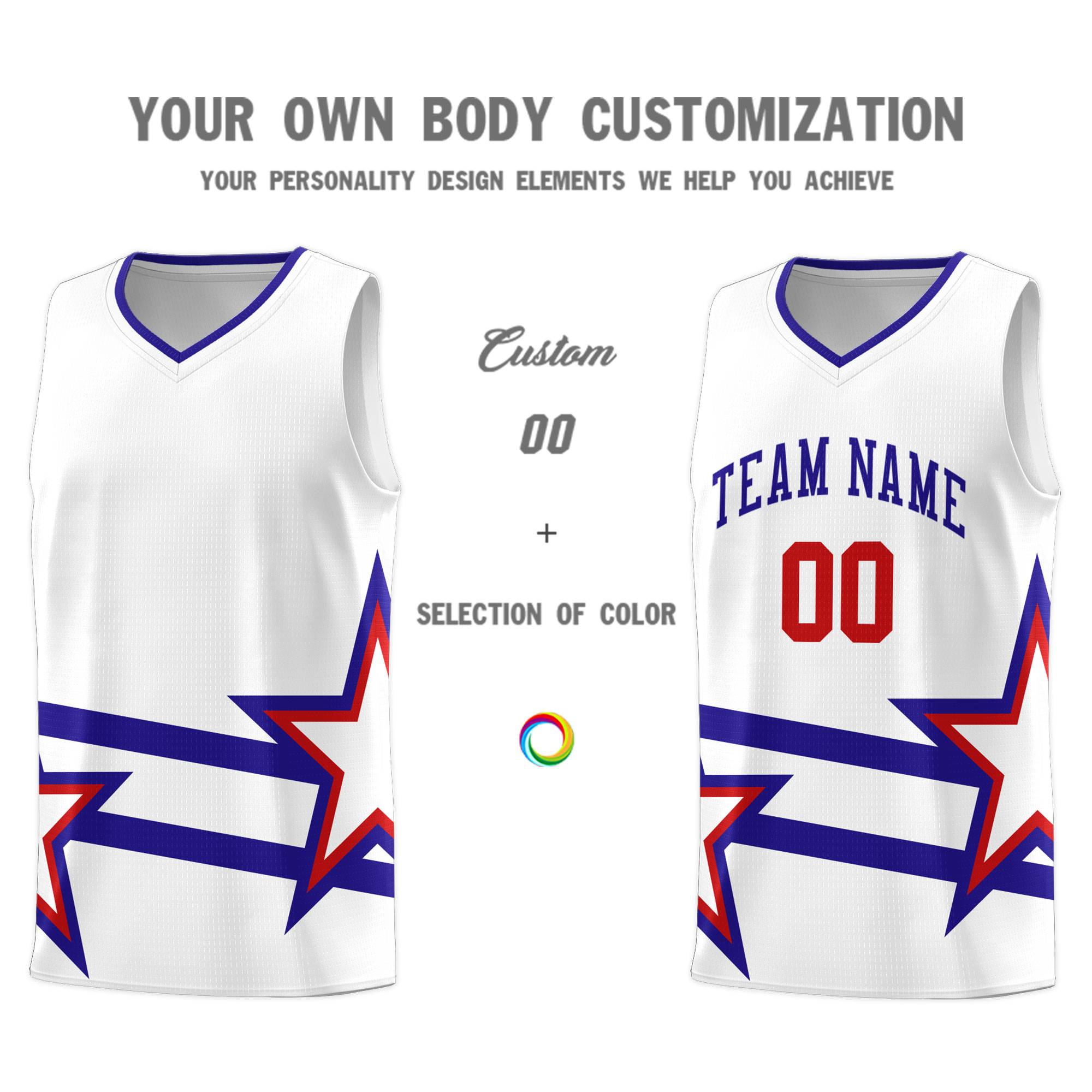 Custom Red Basketball Kits With Royal Star Pattern And Double Lines