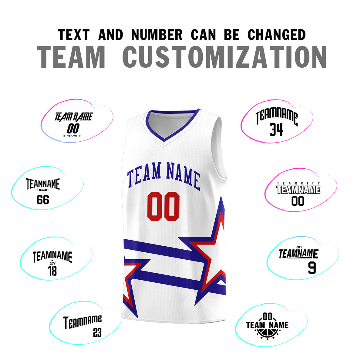 Custom Red Basketball Kits With Royal Star Pattern And Double Lines