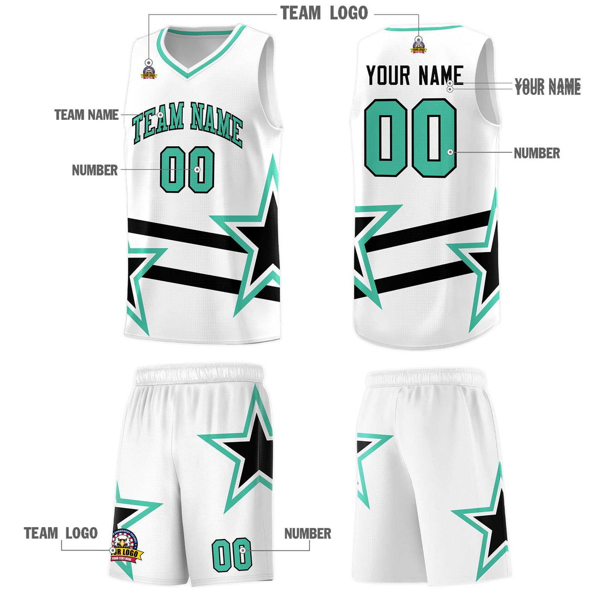 Custom White Basketball Kits With Bright Green Star Pattern And Double Lines