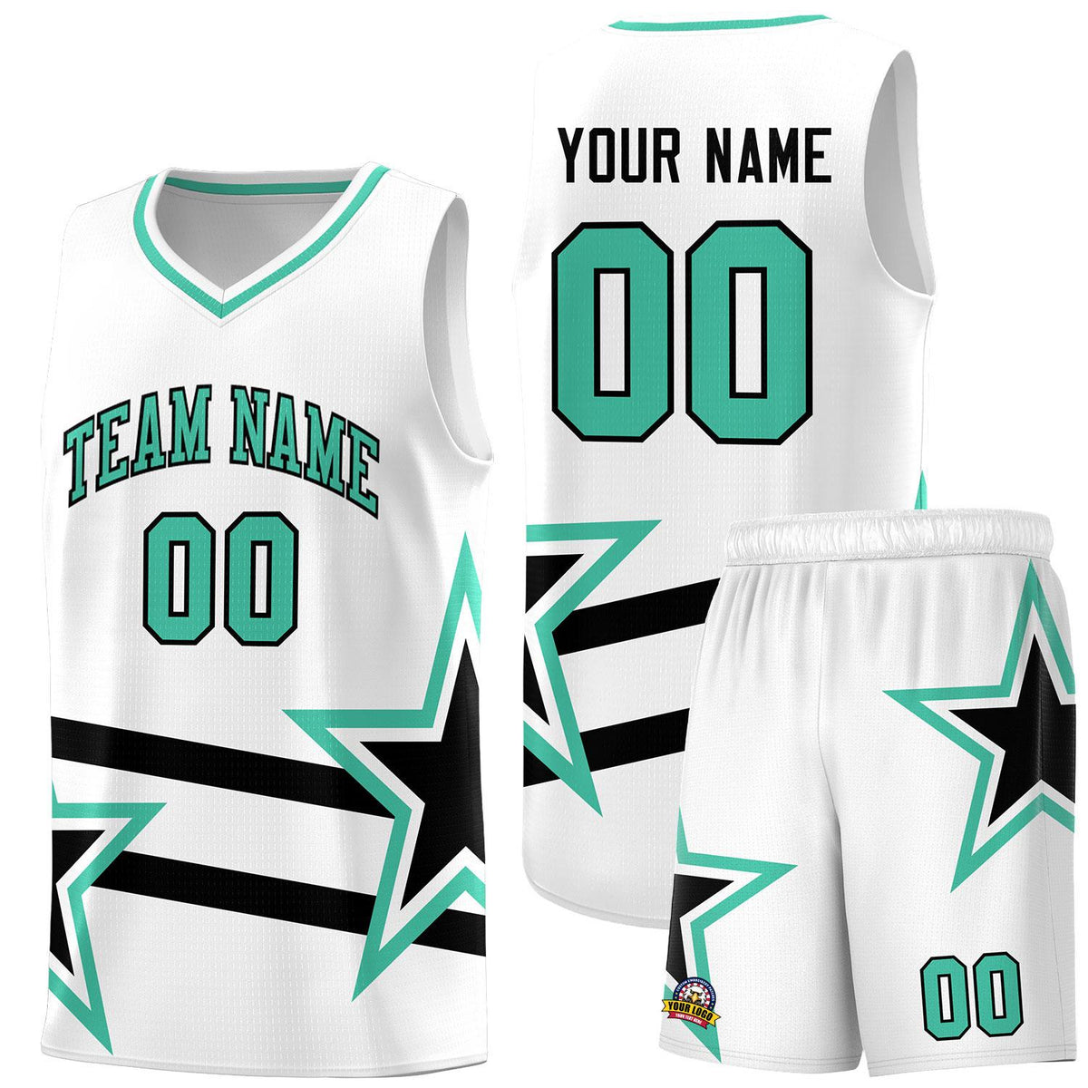 Custom White Basketball Kits With Bright Green Star Pattern And Double Lines