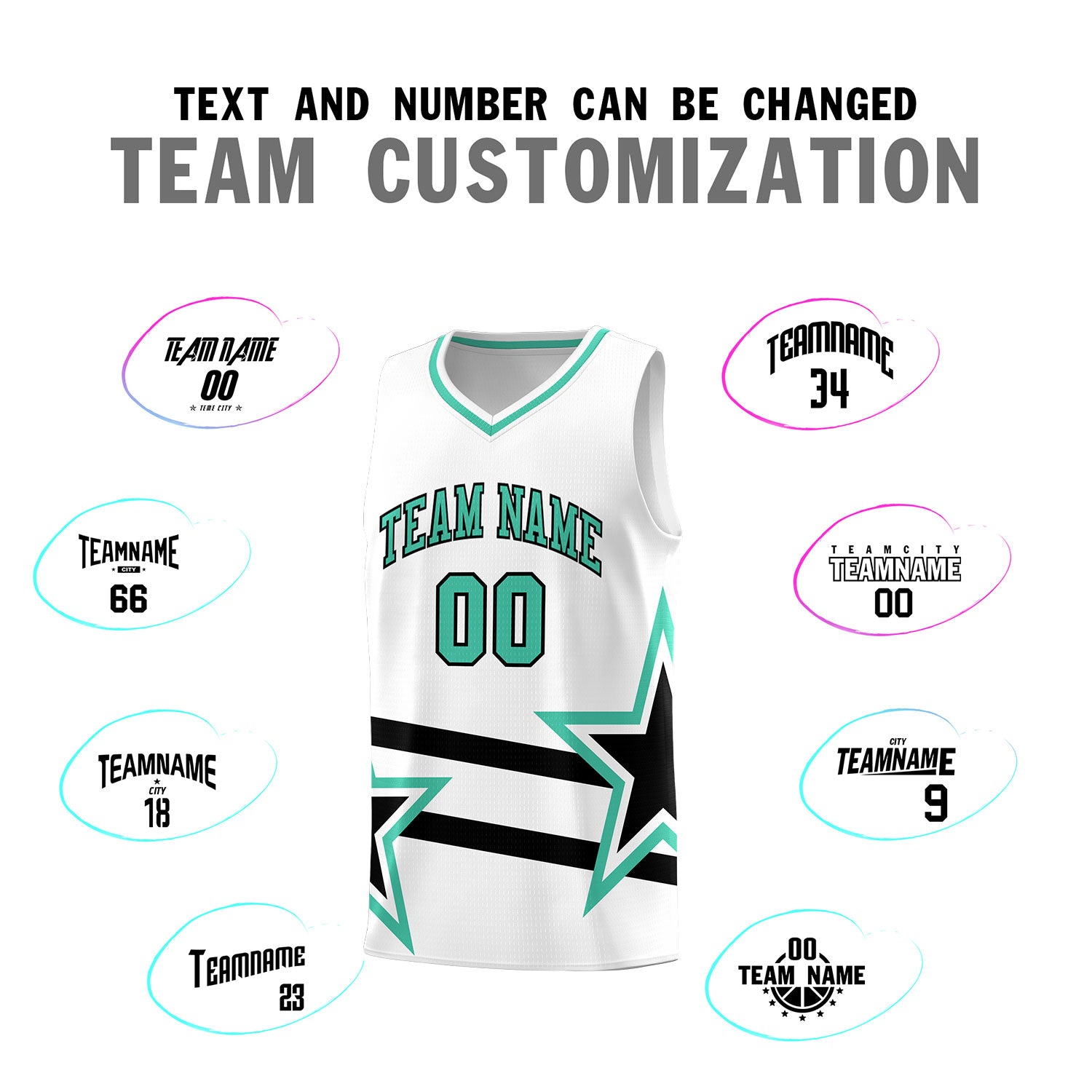 Custom White Basketball Kits With Bright Green Star Pattern And Double Lines