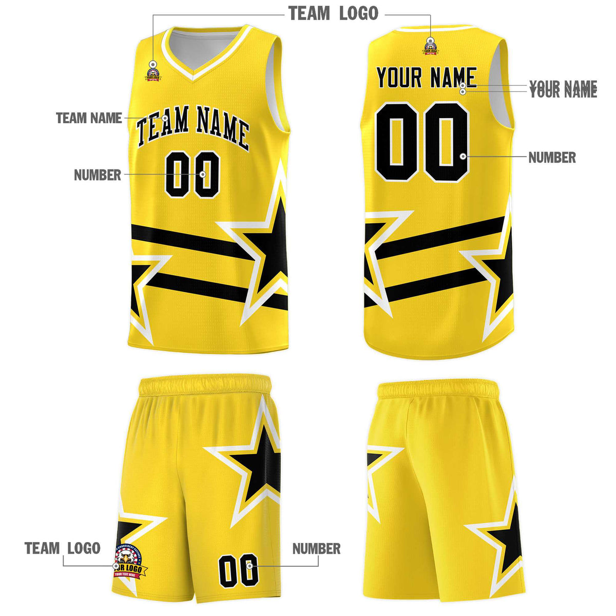 Custom Gold Basketball Kits With Black Star Pattern And Double Lines