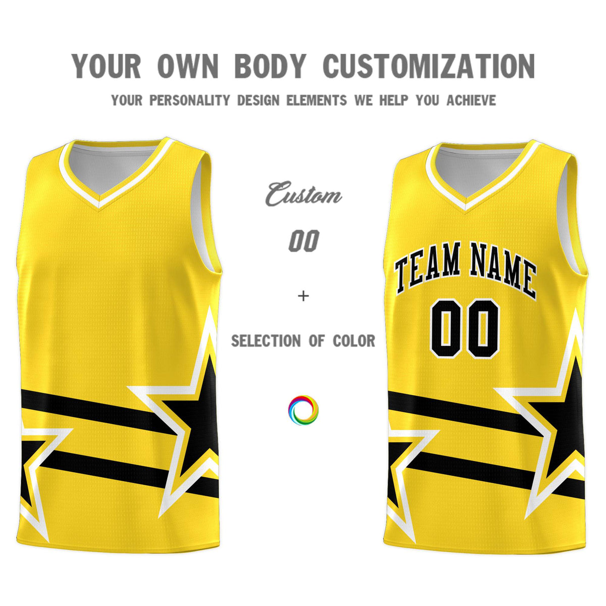 Custom Gold Basketball Kits With Black Star Pattern And Double Lines