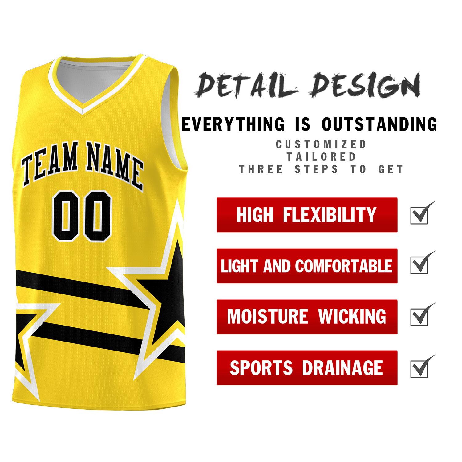 Custom Gold Basketball Kits With Black Star Pattern And Double Lines