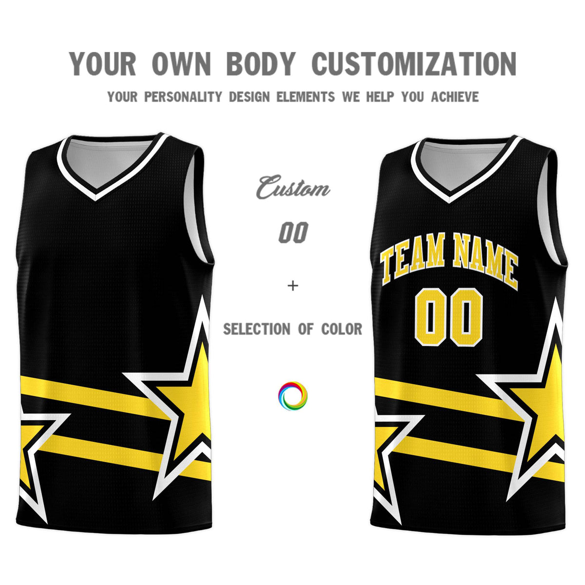 Custom Black Basketball Kits With Gold Star Pattern And Double Lines