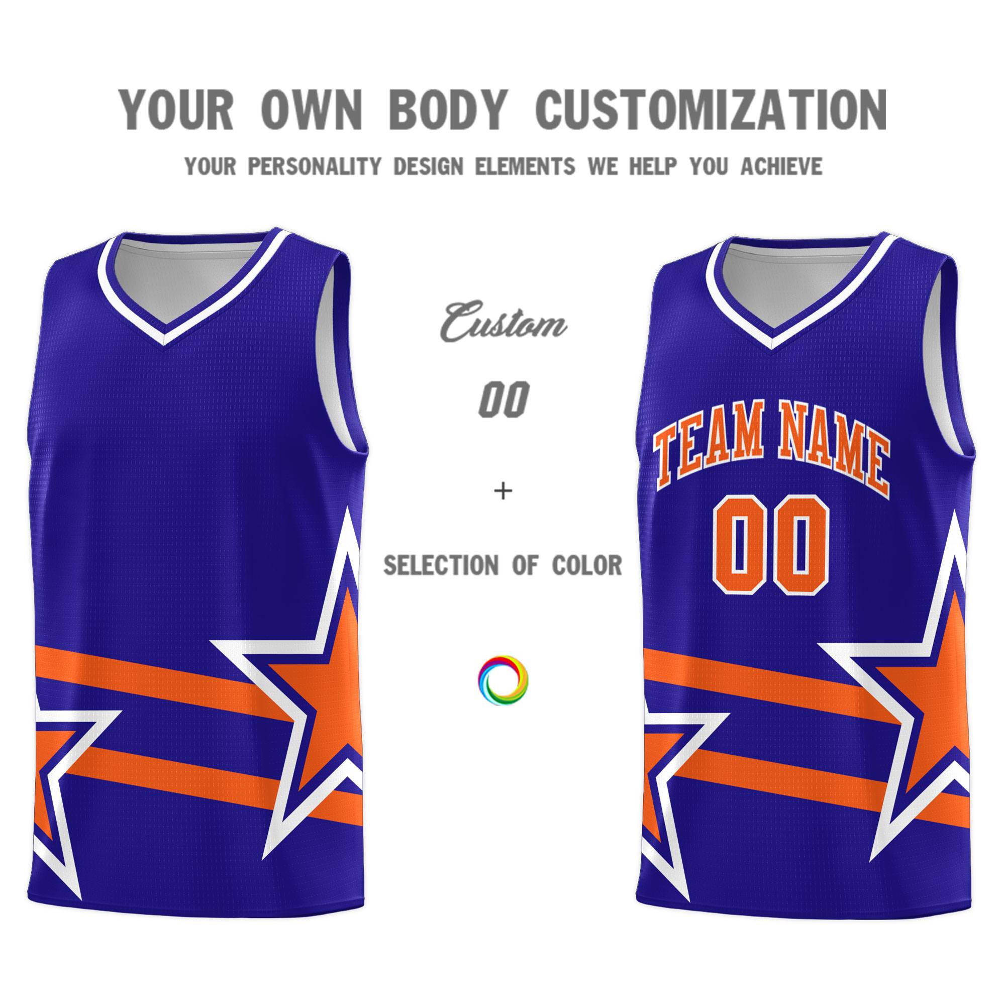 Custom Royal Basketball Kits With Orange Star Pattern And Double Lines