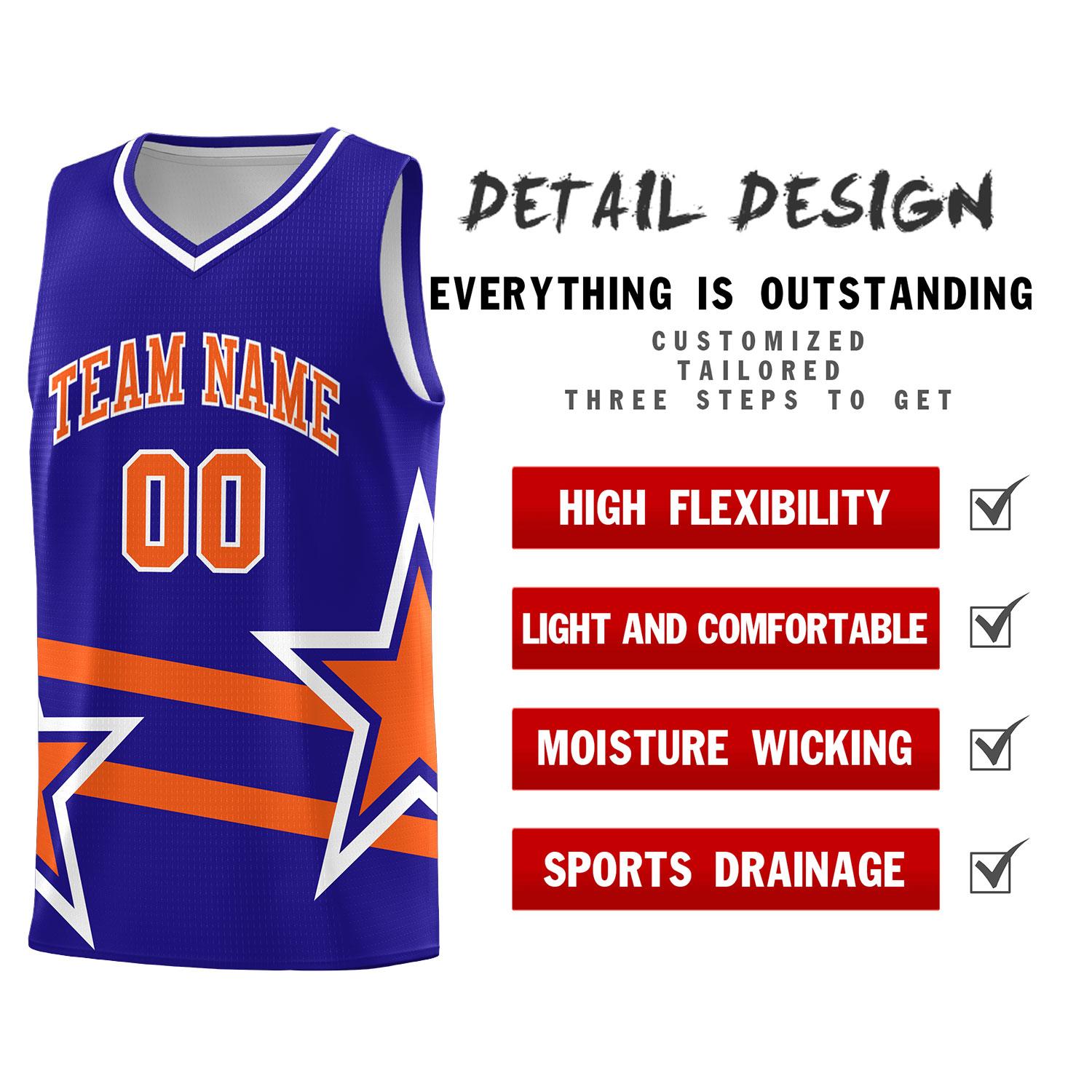 Custom Royal Basketball Kits With Orange Star Pattern And Double Lines