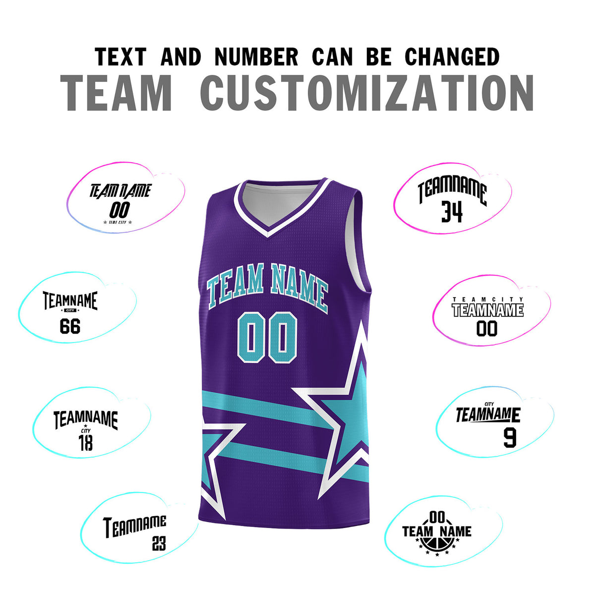 Custom Purple Basketball Kits With Sky Blue Star Pattern And Double Lines