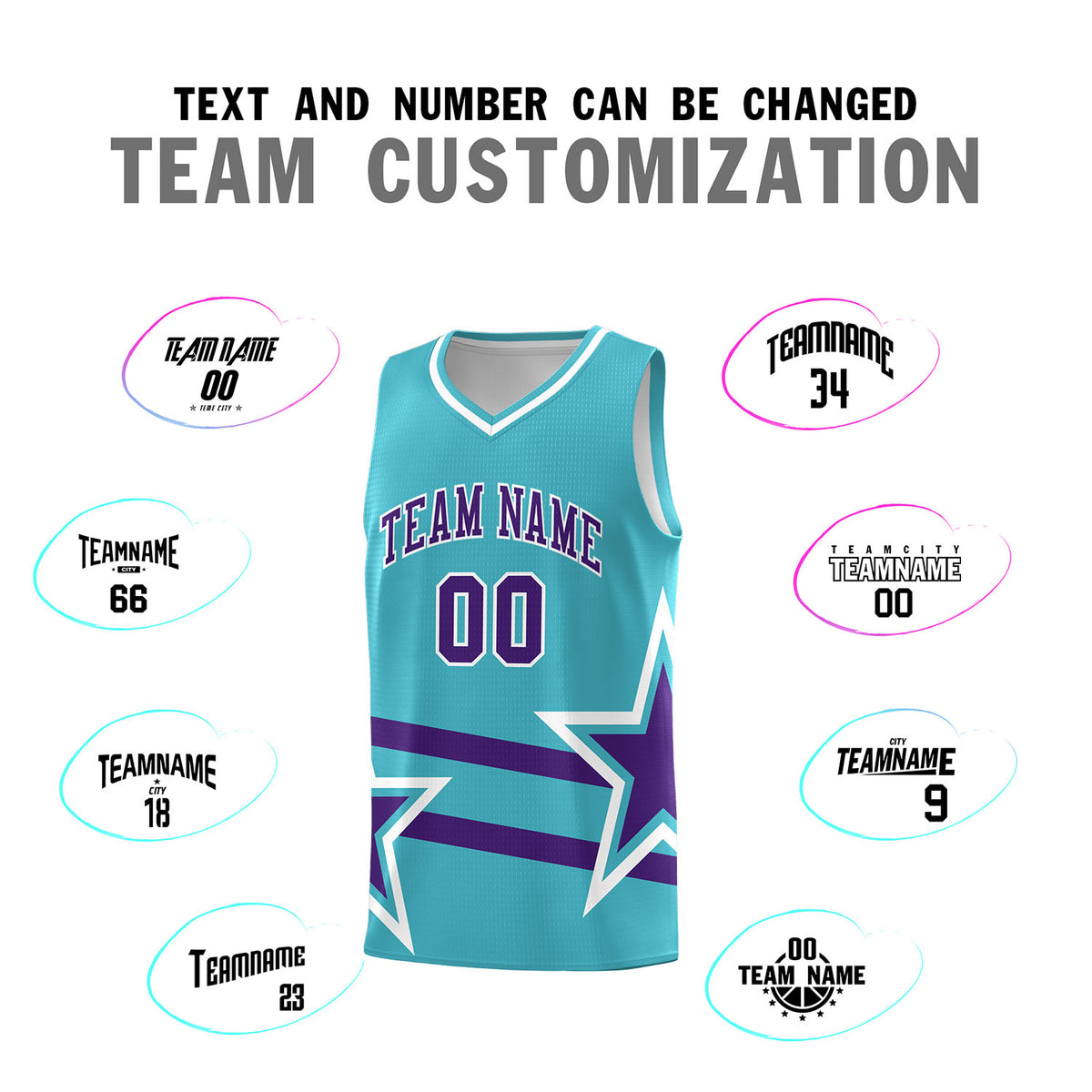 Custom Sky Blue Basketball Kits With Purple Star Pattern And Double Lines