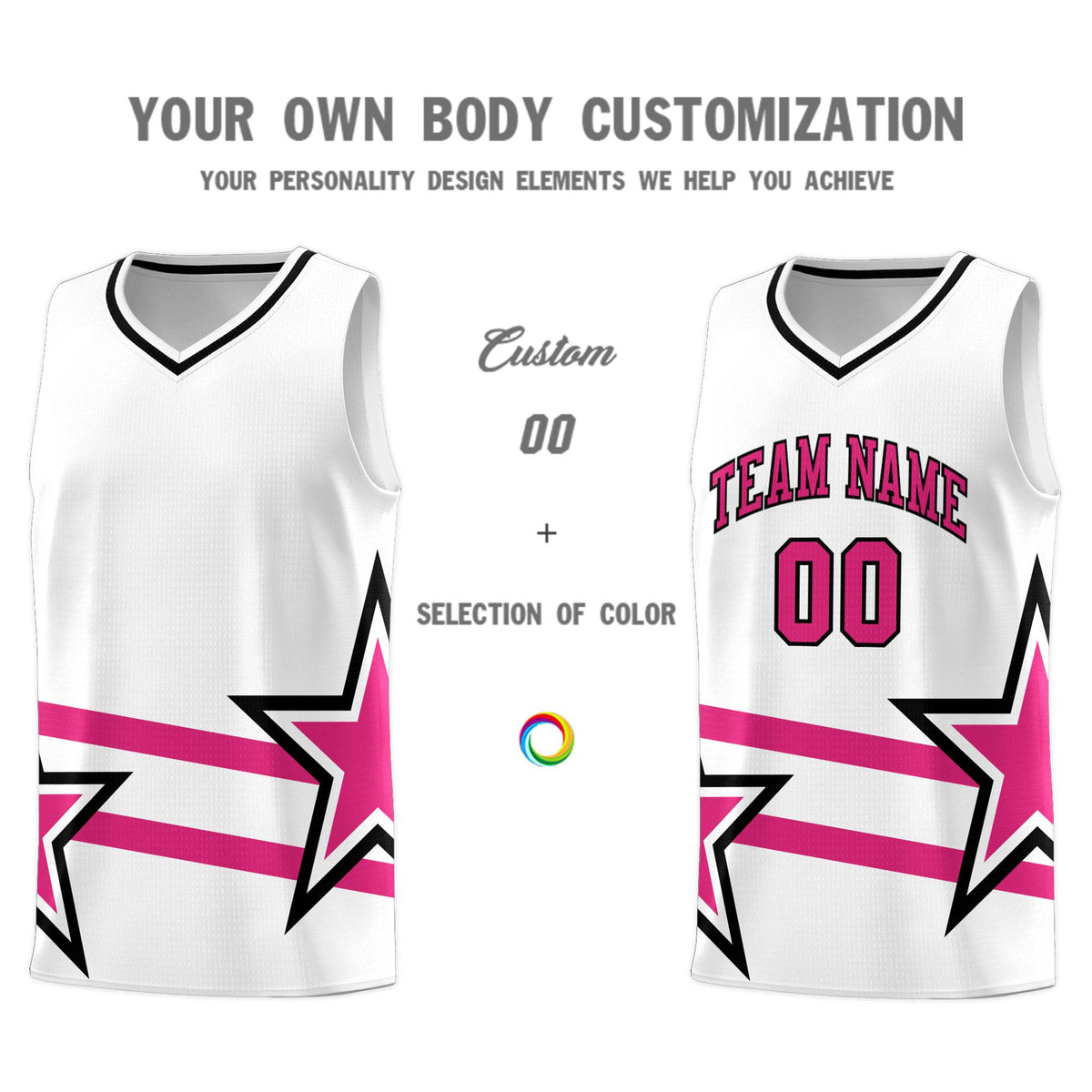 Custom White Basketball Kits With Rose Red Star Pattern And Double Lines