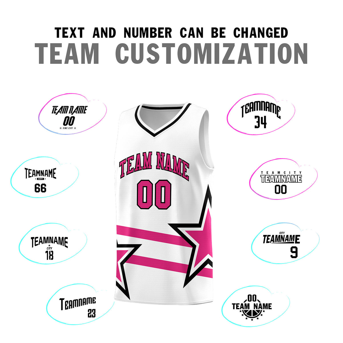 Custom White Basketball Kits With Rose Red Star Pattern And Double Lines