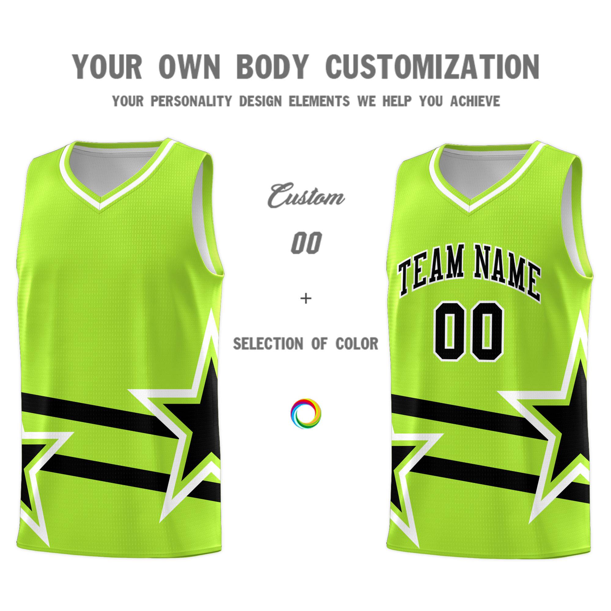 Custom Neon Green Basketball Kits With Black Star Pattern And Double Lines