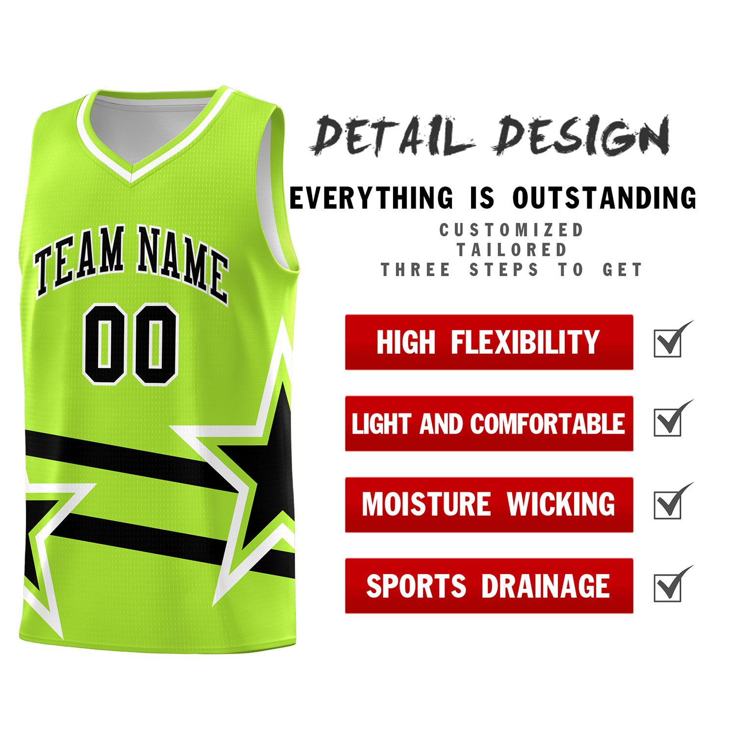 Custom Neon Green Basketball Kits With Black Star Pattern And Double Lines