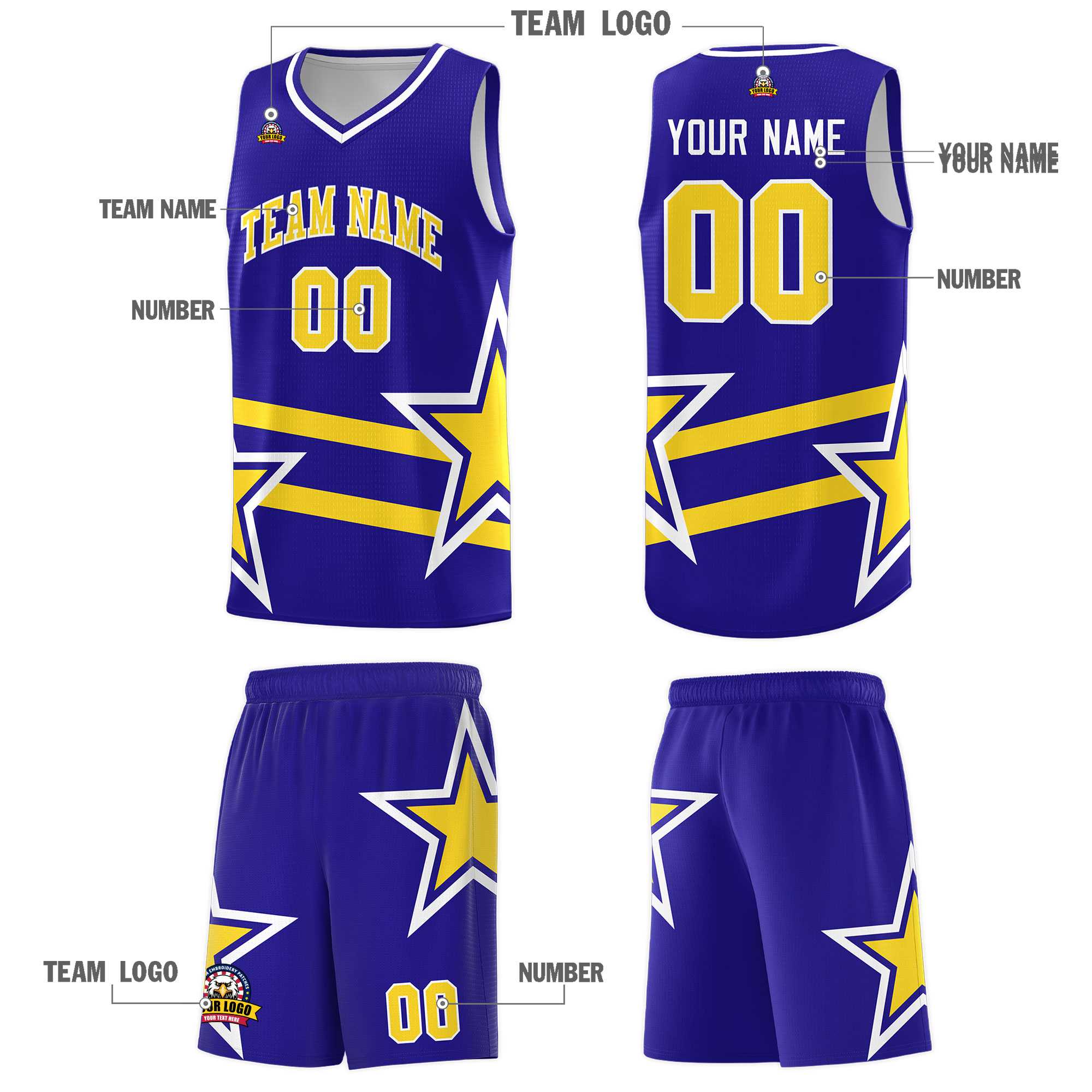 Custom Royal Basketball Kits With Gold Star Pattern And Double Lines