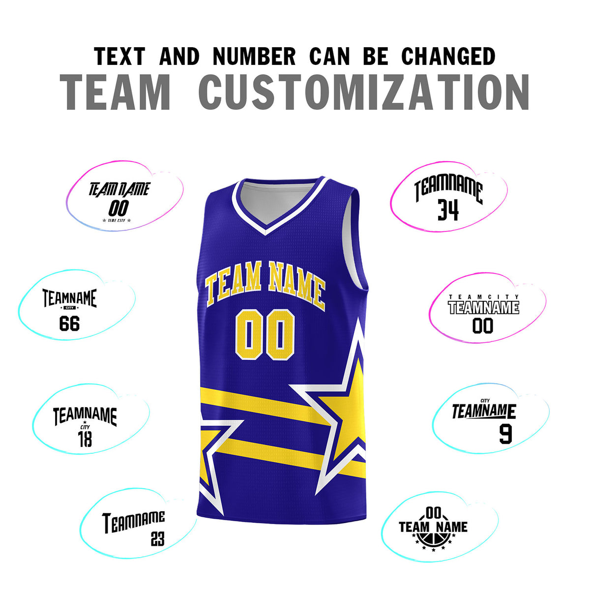 Custom Royal Basketball Kits With Gold Star Pattern And Double Lines