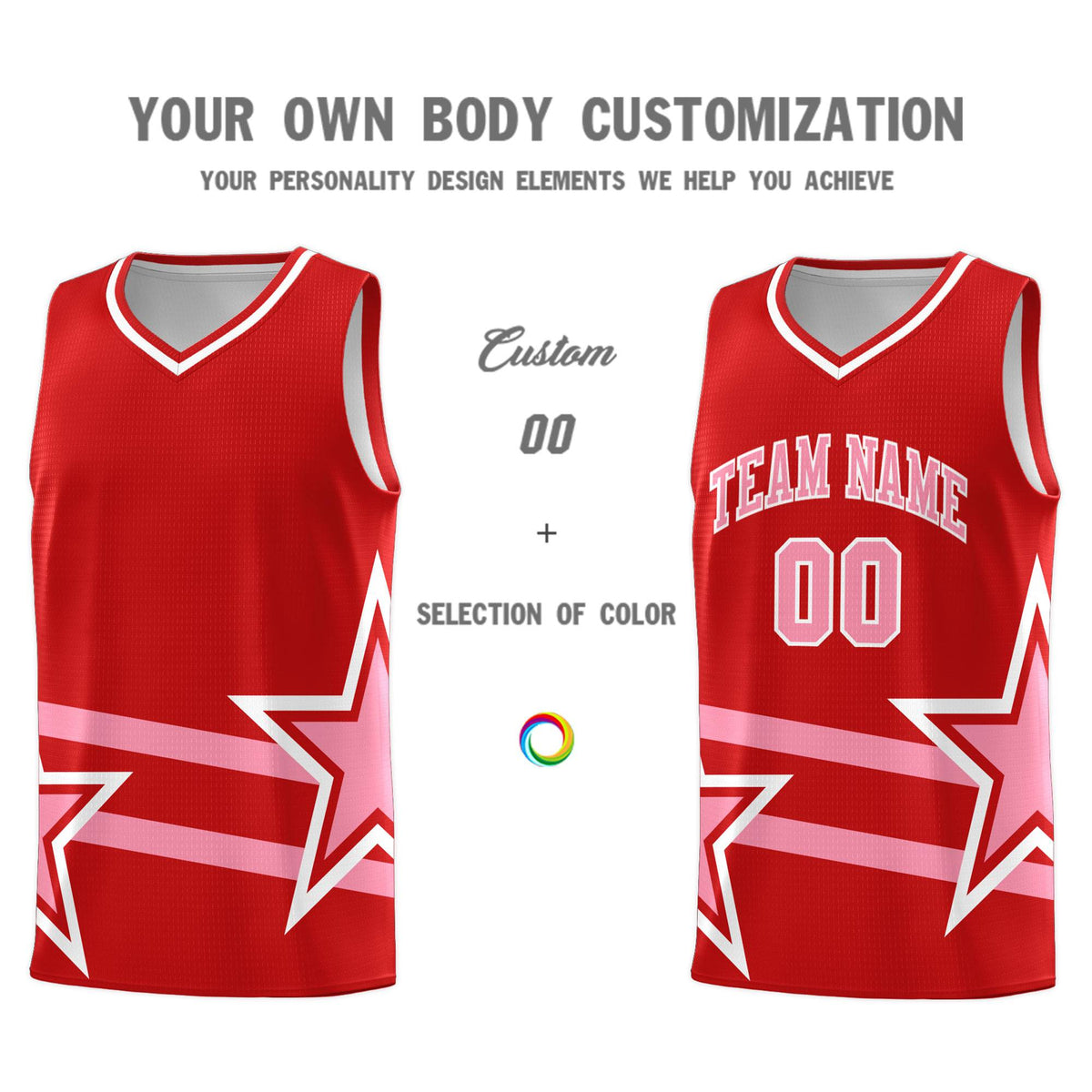 Custom Red Basketball Kits With Light Pink Star Pattern And Double Lines