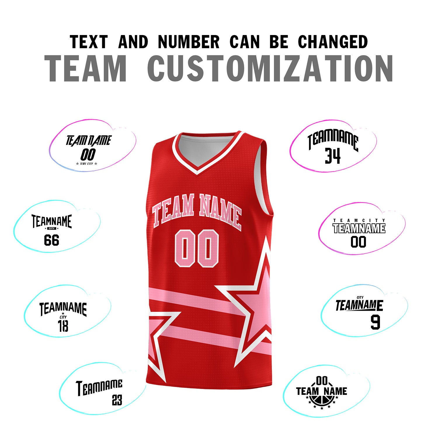 Custom Red Basketball Kits With Light Pink Star Pattern And Double Lines