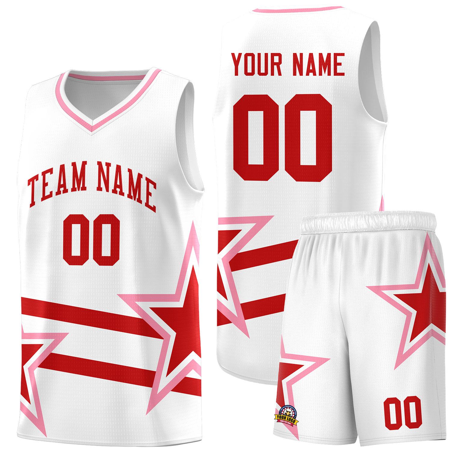 Custom White Basketball Kits With Red Star Pattern And Double Lines