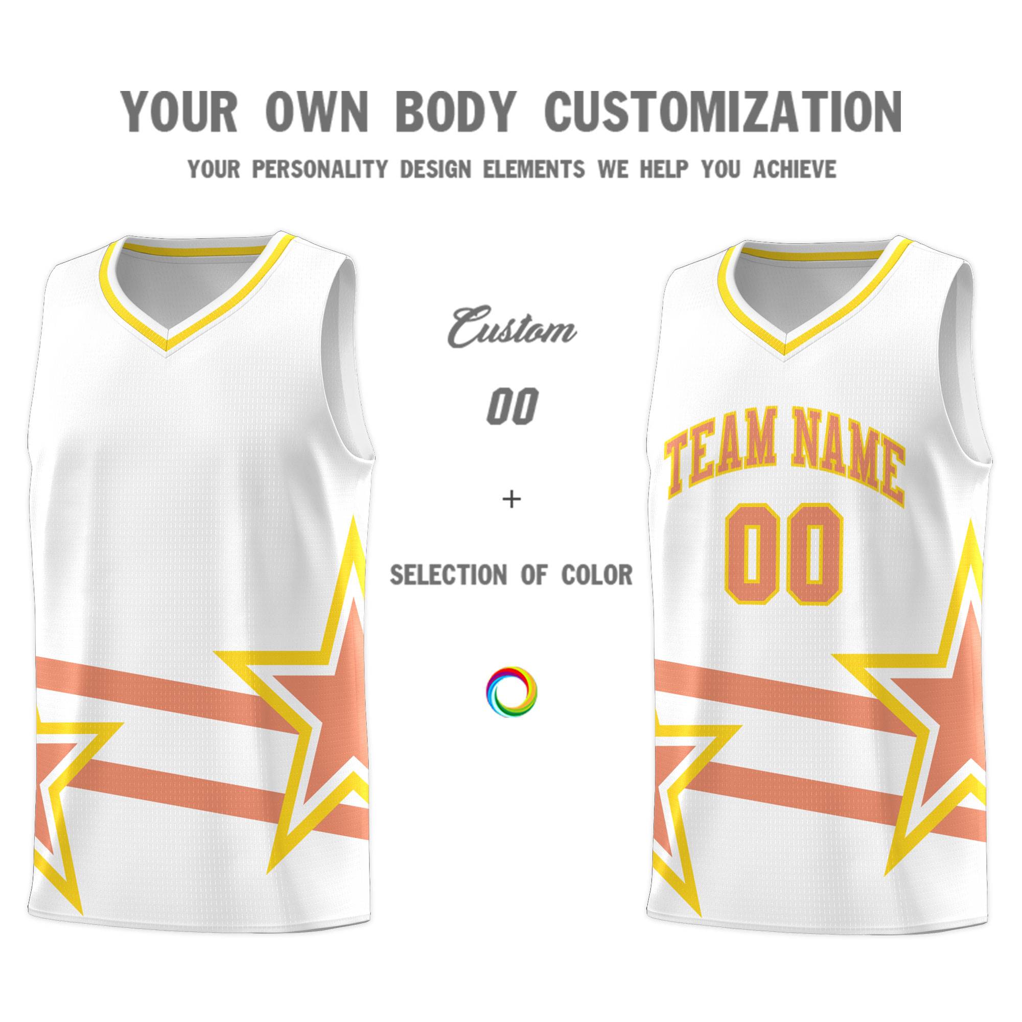 Custom White Basketball Kits With Light Orange Star Pattern And Double Lines