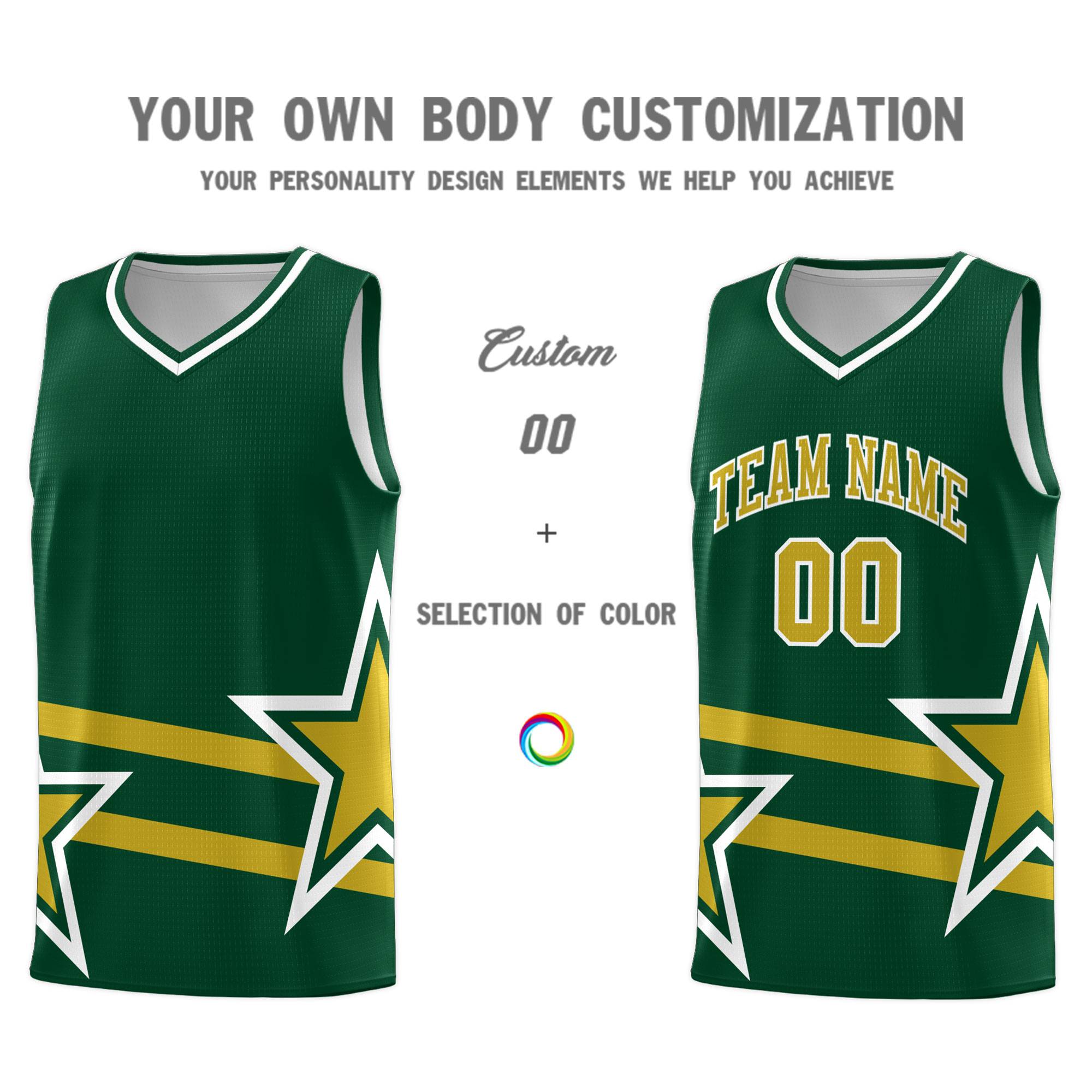 Custom Green Basketball Kits With Old Gold Star Pattern And Double Lines
