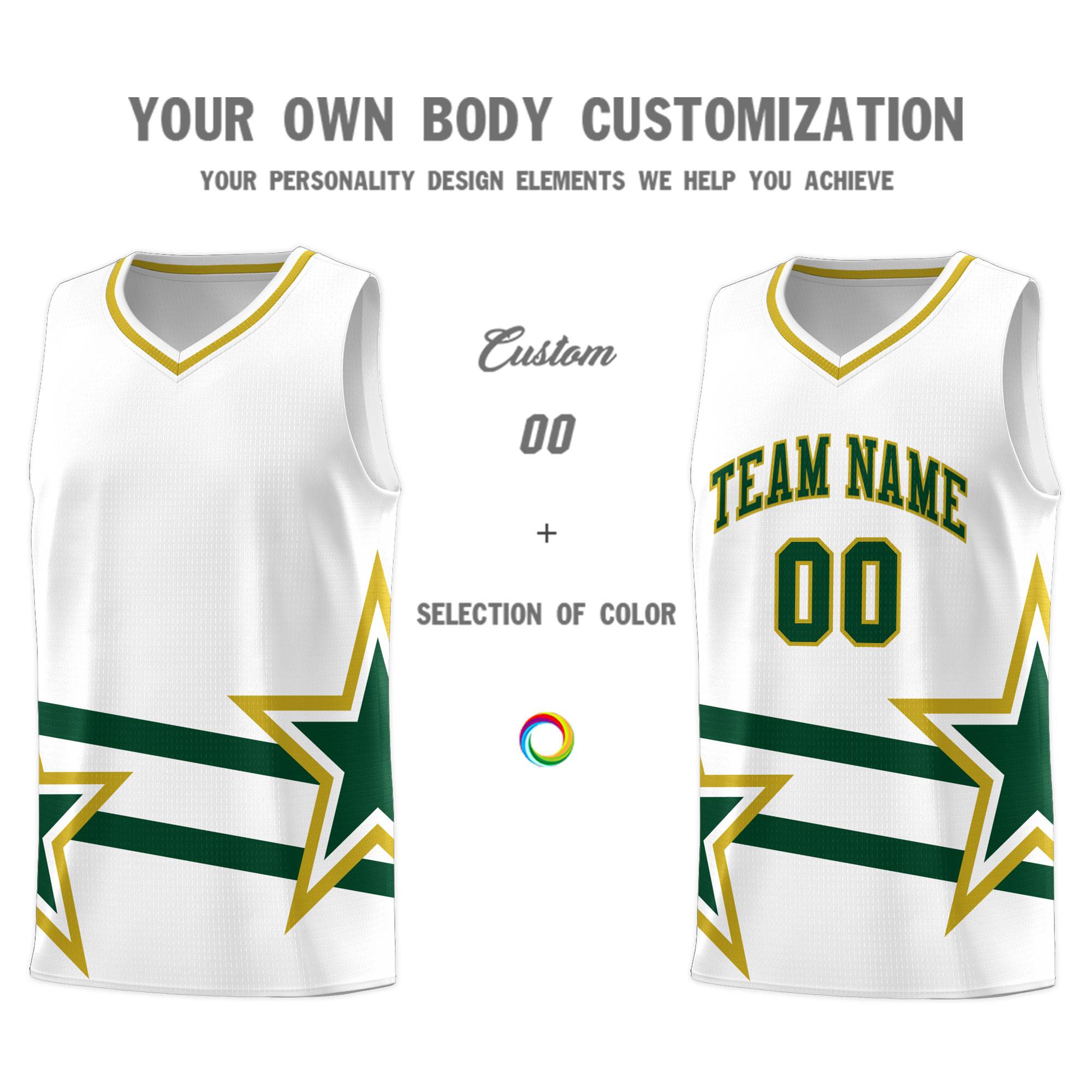 Custom White Basketball Kits With Green Star Pattern And Double Lines
