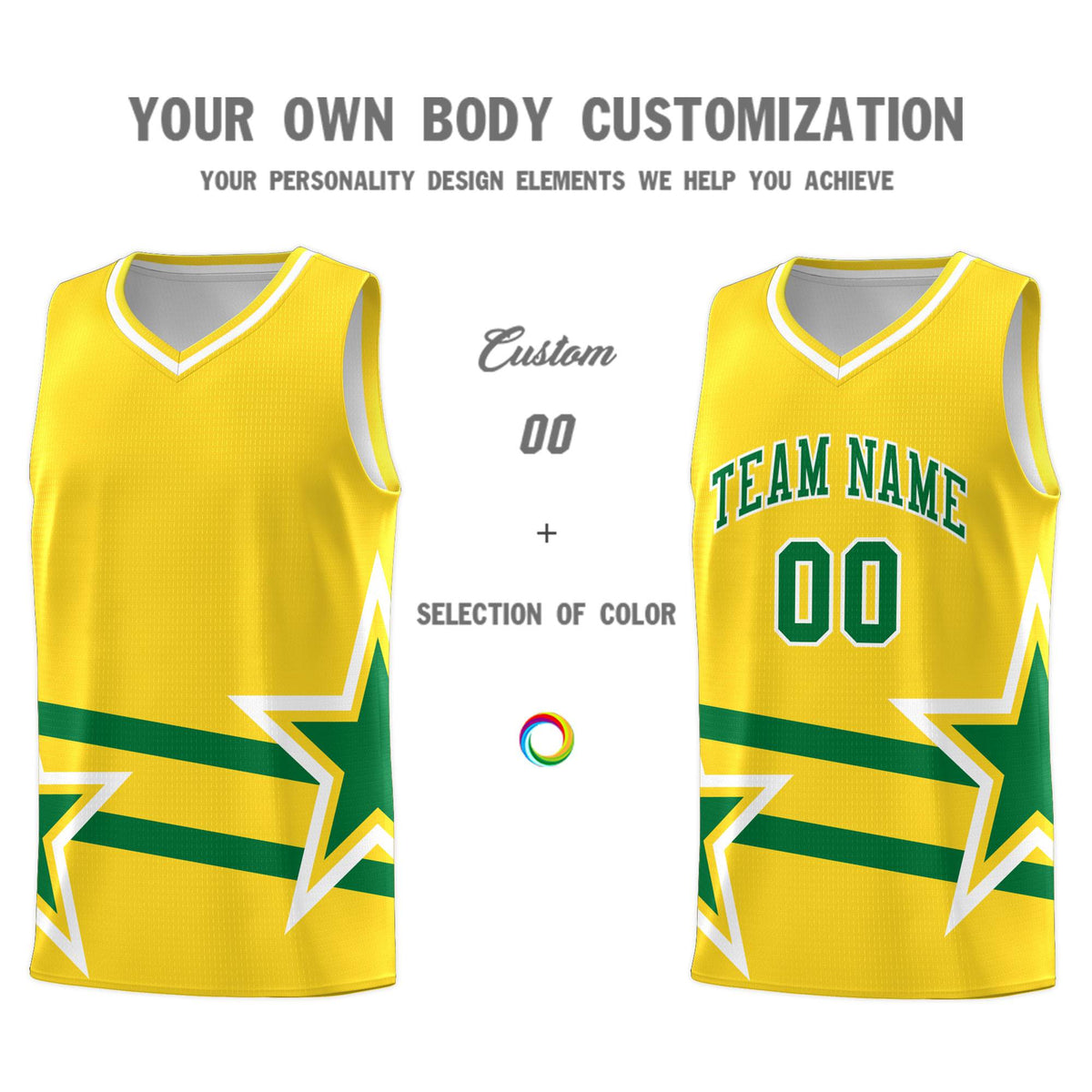 Custom Gold Basketball Kits With Kelly Green Star Pattern And Double Lines