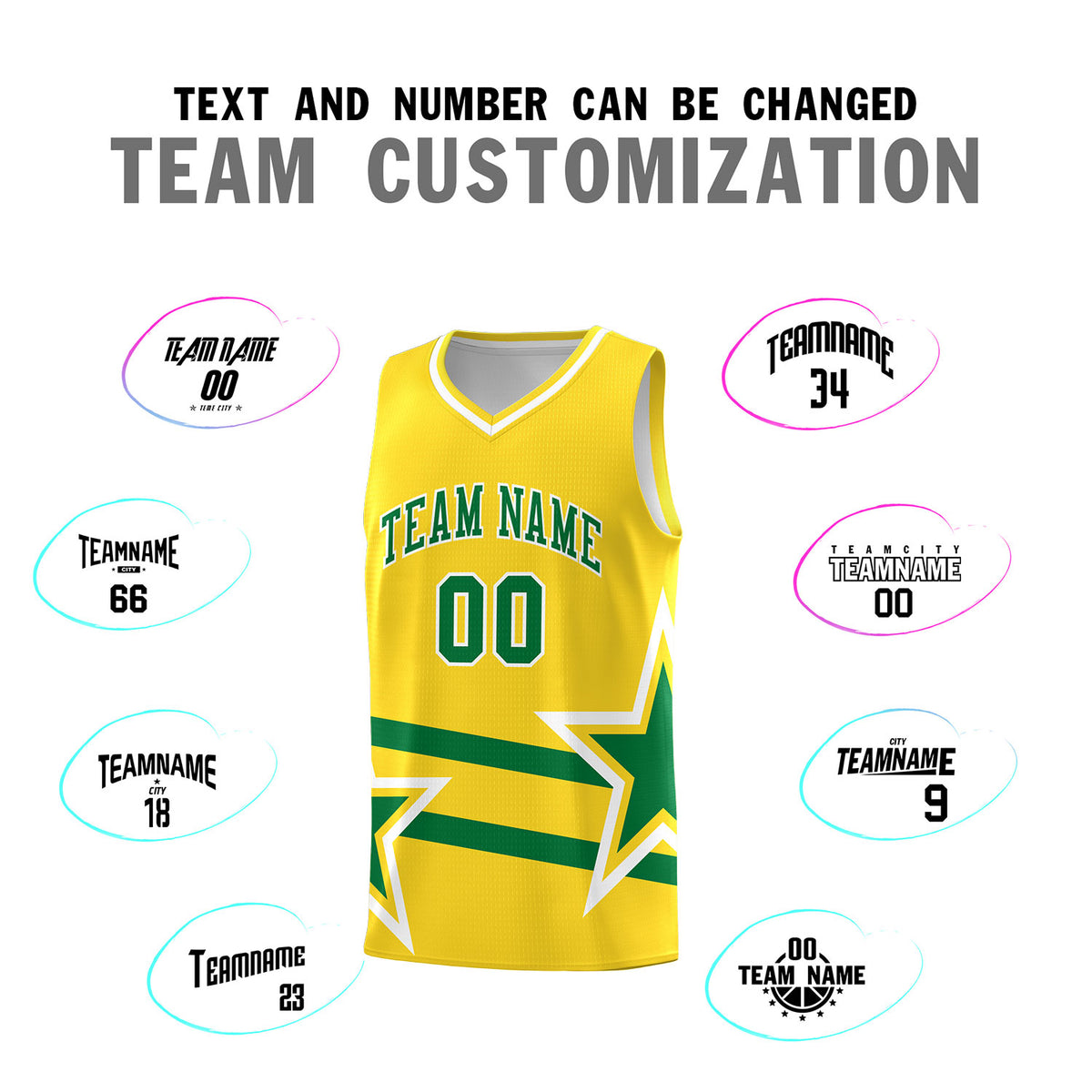 Custom Gold Basketball Kits With Kelly Green Star Pattern And Double Lines