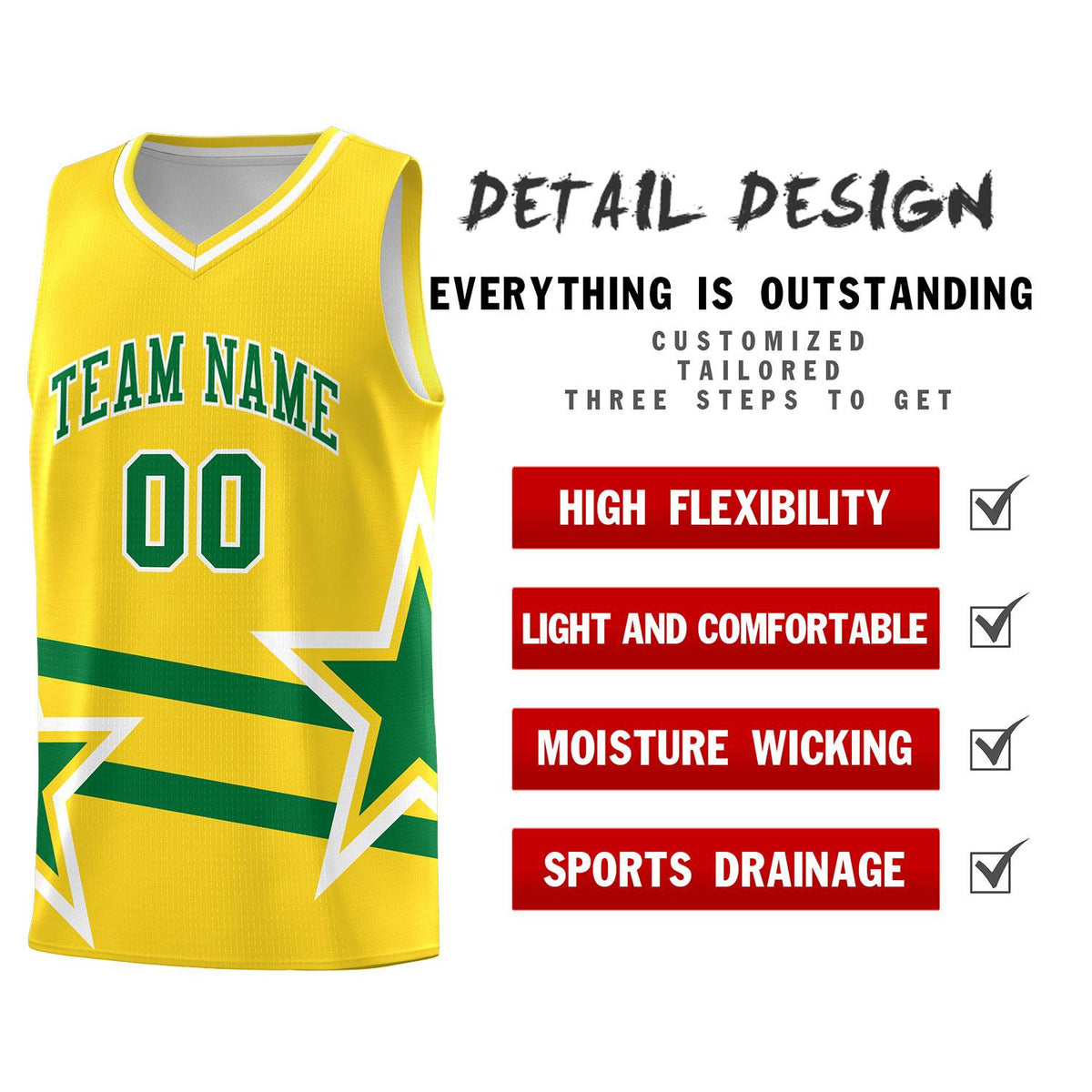 Custom Gold Basketball Kits With Kelly Green Star Pattern And Double Lines