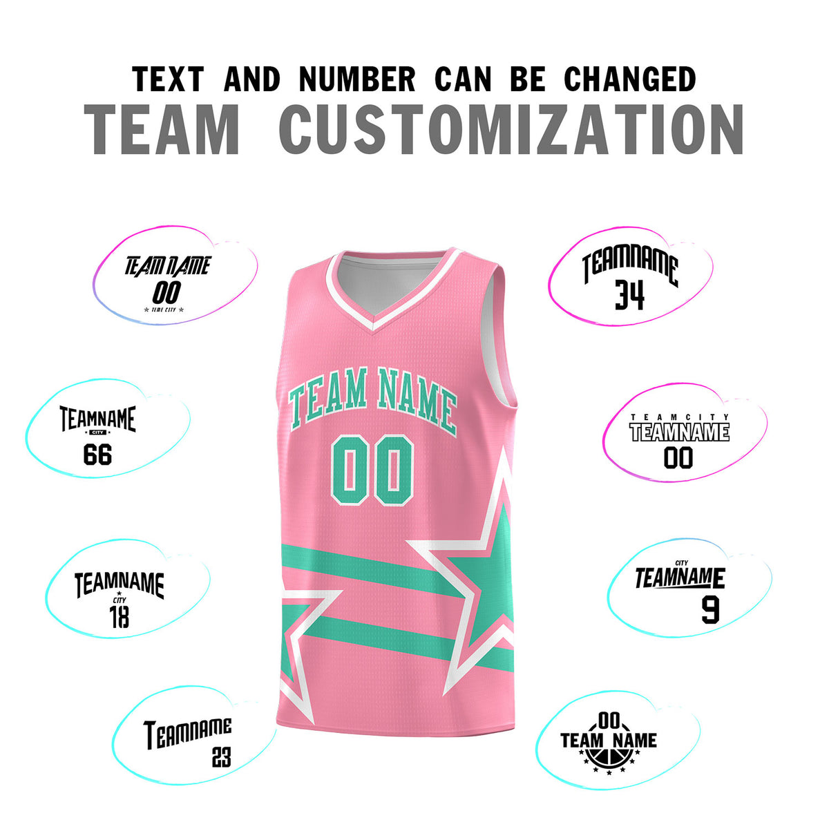 Custom Light Pink Basketball Kits With Bright Green Star Pattern And Double Lines