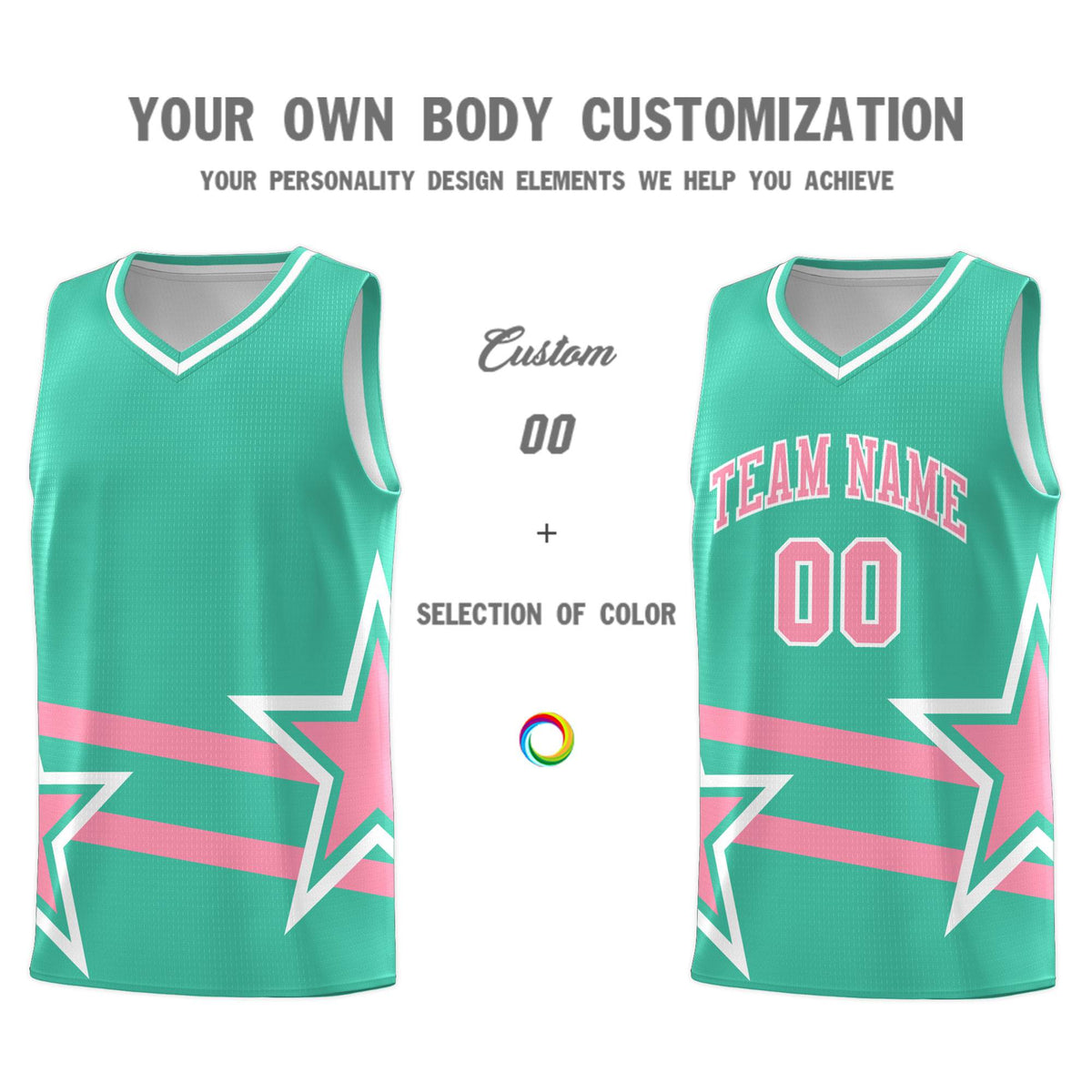 Custom Bright Green Basketball Kits With Light Pink Star Pattern And Double Lines