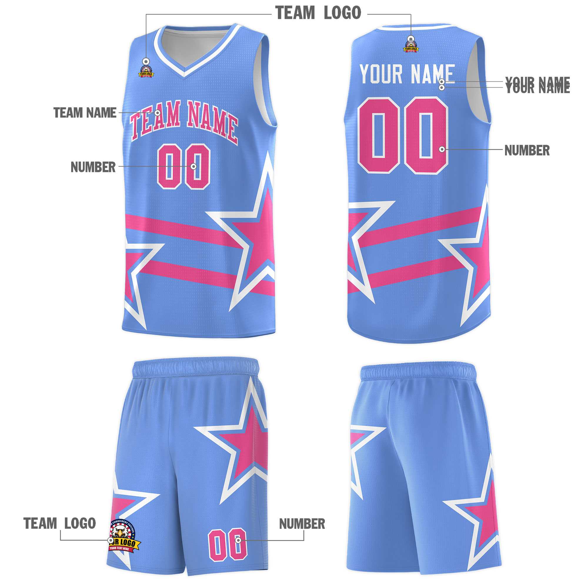 Custom Light Blue Basketball Kits With Pink Star Pattern And Double Lines