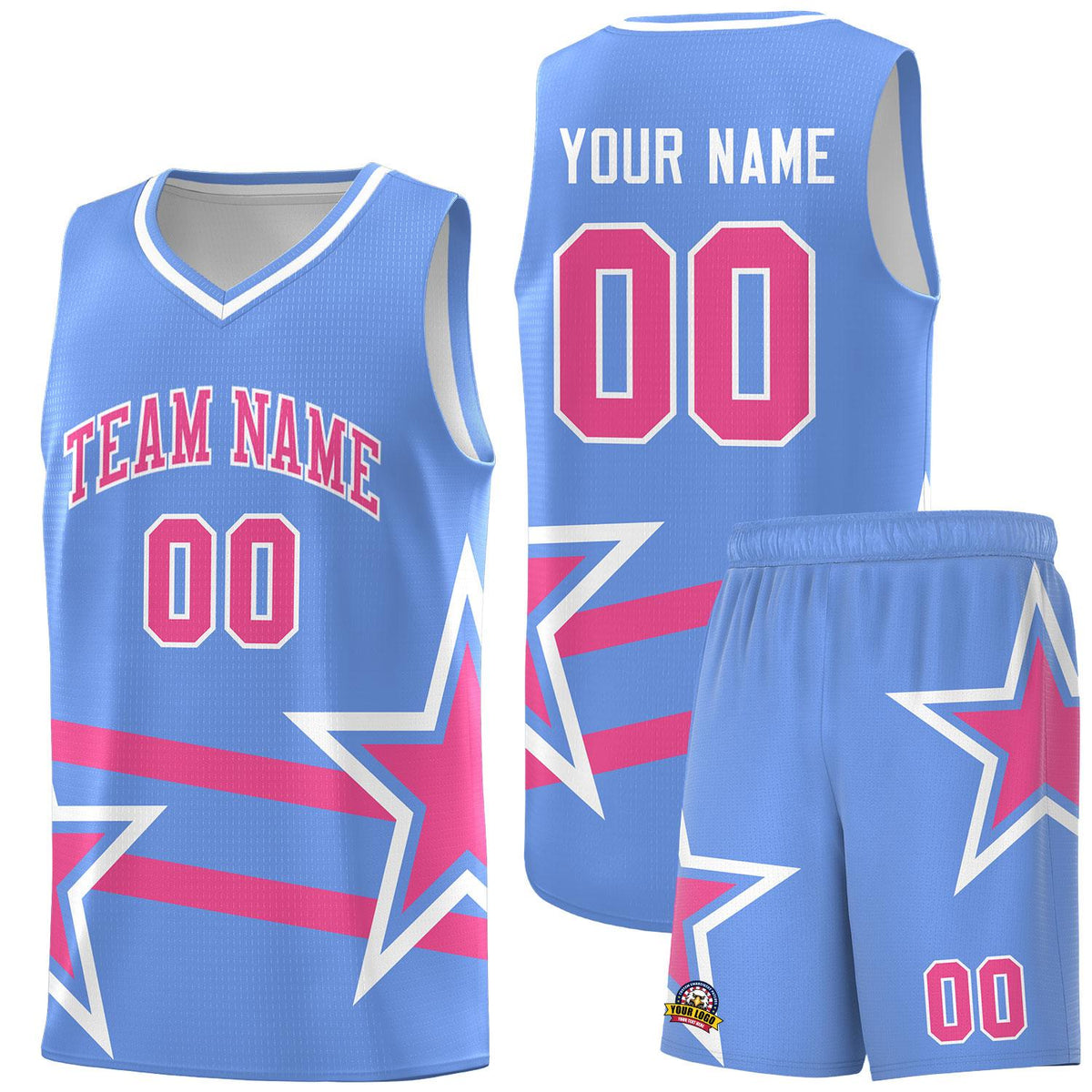 Custom Light Blue Basketball Kits With Pink Star Pattern And Double Lines