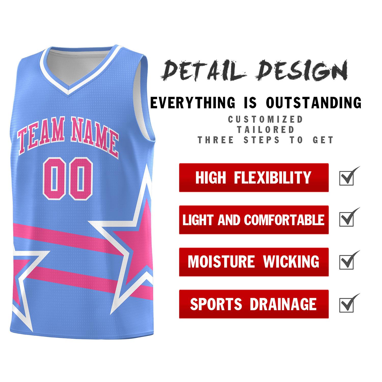 Custom Light Blue Basketball Kits With Pink Star Pattern And Double Lines