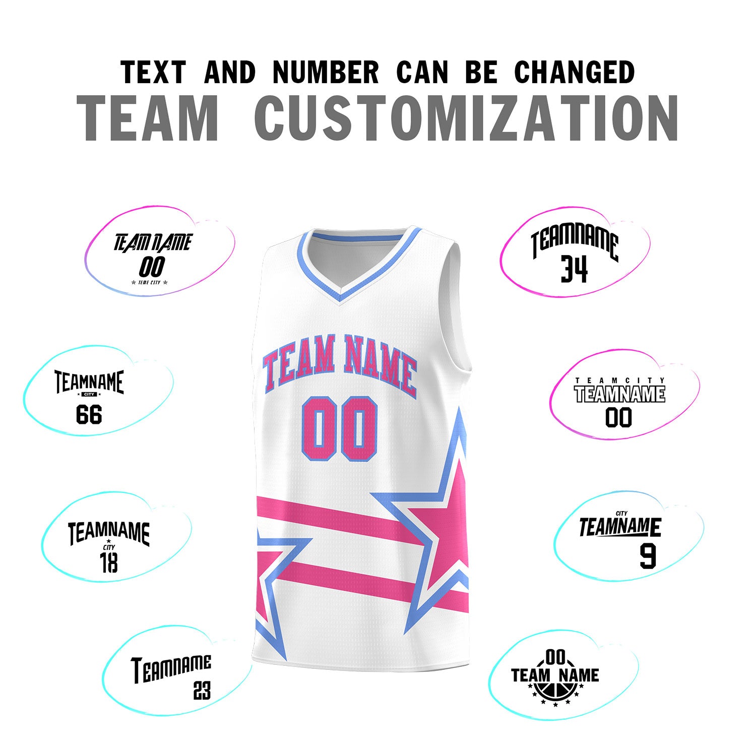 Custom White Basketball Kits With Pink Star Pattern And Double Lines