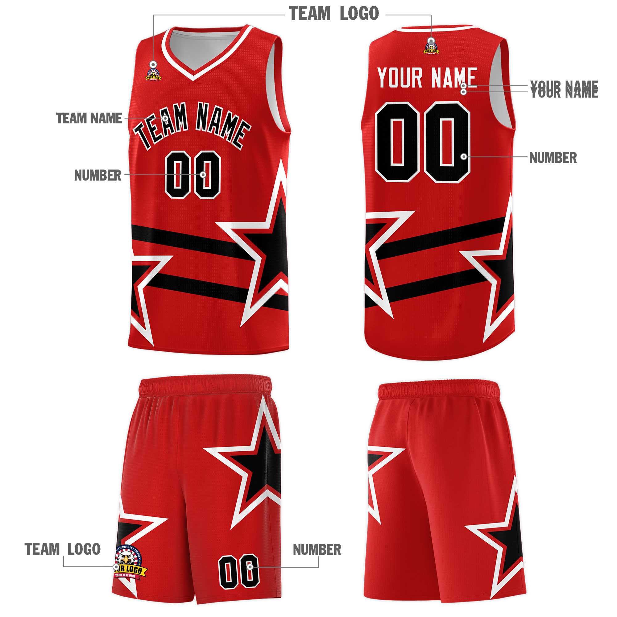 Custom Red Basketball Kits With Black Star Pattern And Double Lines