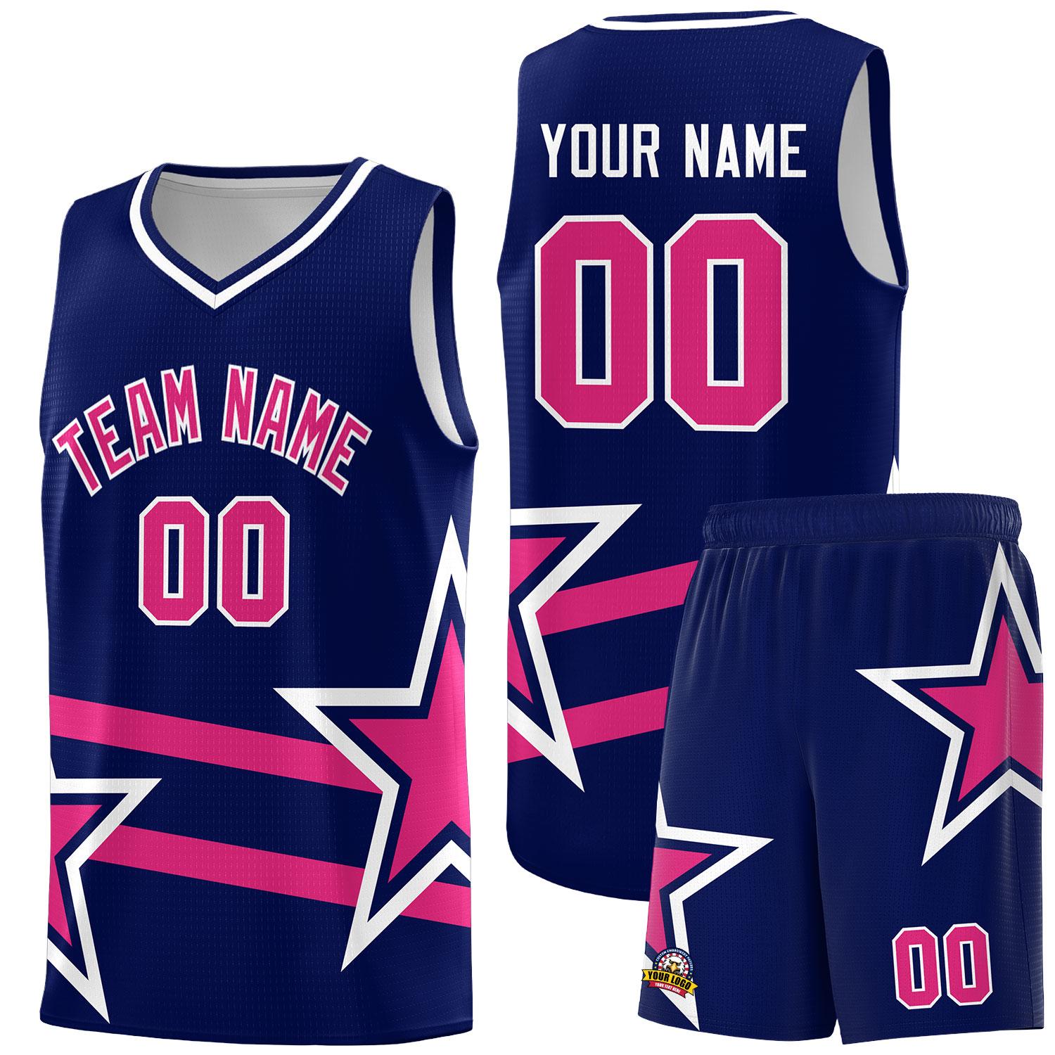 Custom Navy Basketball Kits With Rose Red Star Pattern And Double Lines