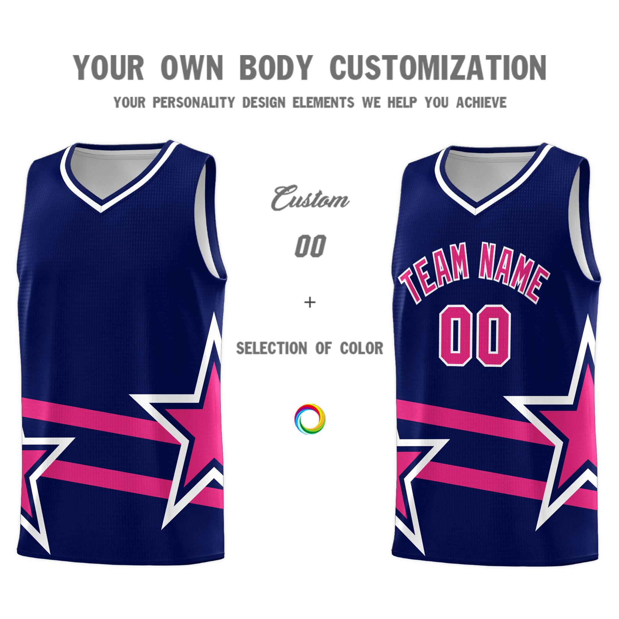 Custom Navy Basketball Kits With Rose Red Star Pattern And Double Lines