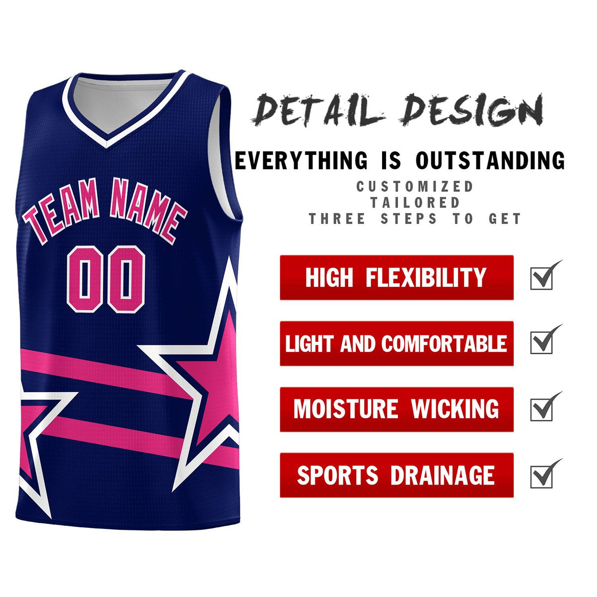 Custom Navy Basketball Kits With Rose Red Star Pattern And Double Lines