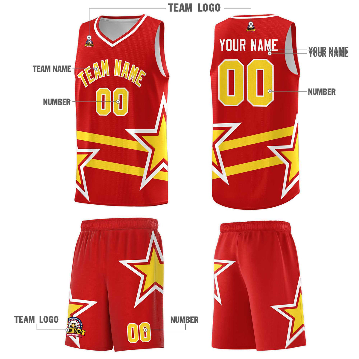 Custom Red Basketball Kits With Gold Star Pattern And Double Lines