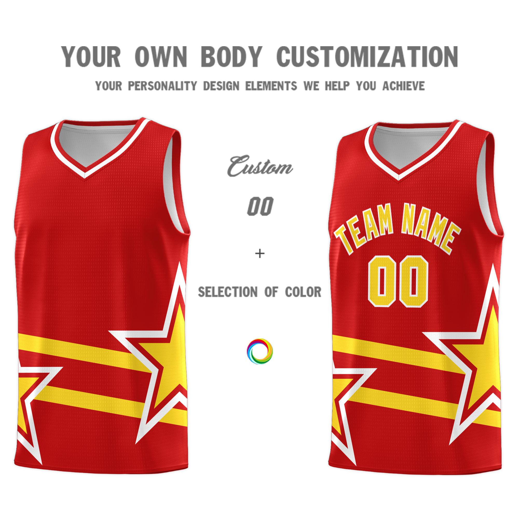 Custom Red Basketball Kits With Gold Star Pattern And Double Lines