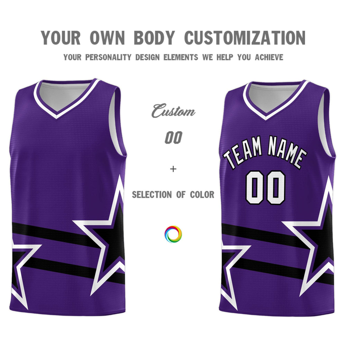 Custom Purple Basketball Kits With Black Star Pattern And Double Lines