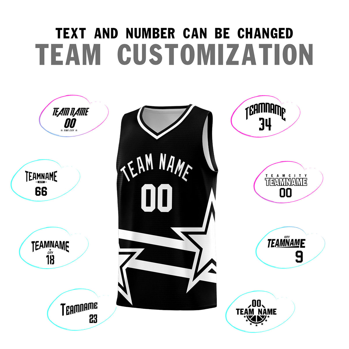 Custom Black Basketball Kits With White Star Pattern And Double Lines