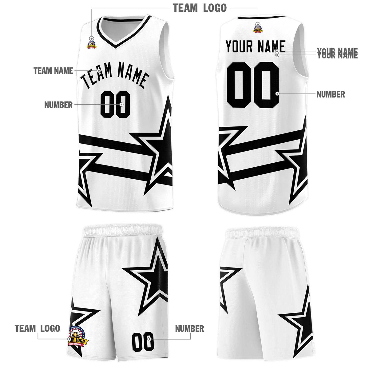 Custom White Basketball Kits With Black Star Pattern And Double Lines