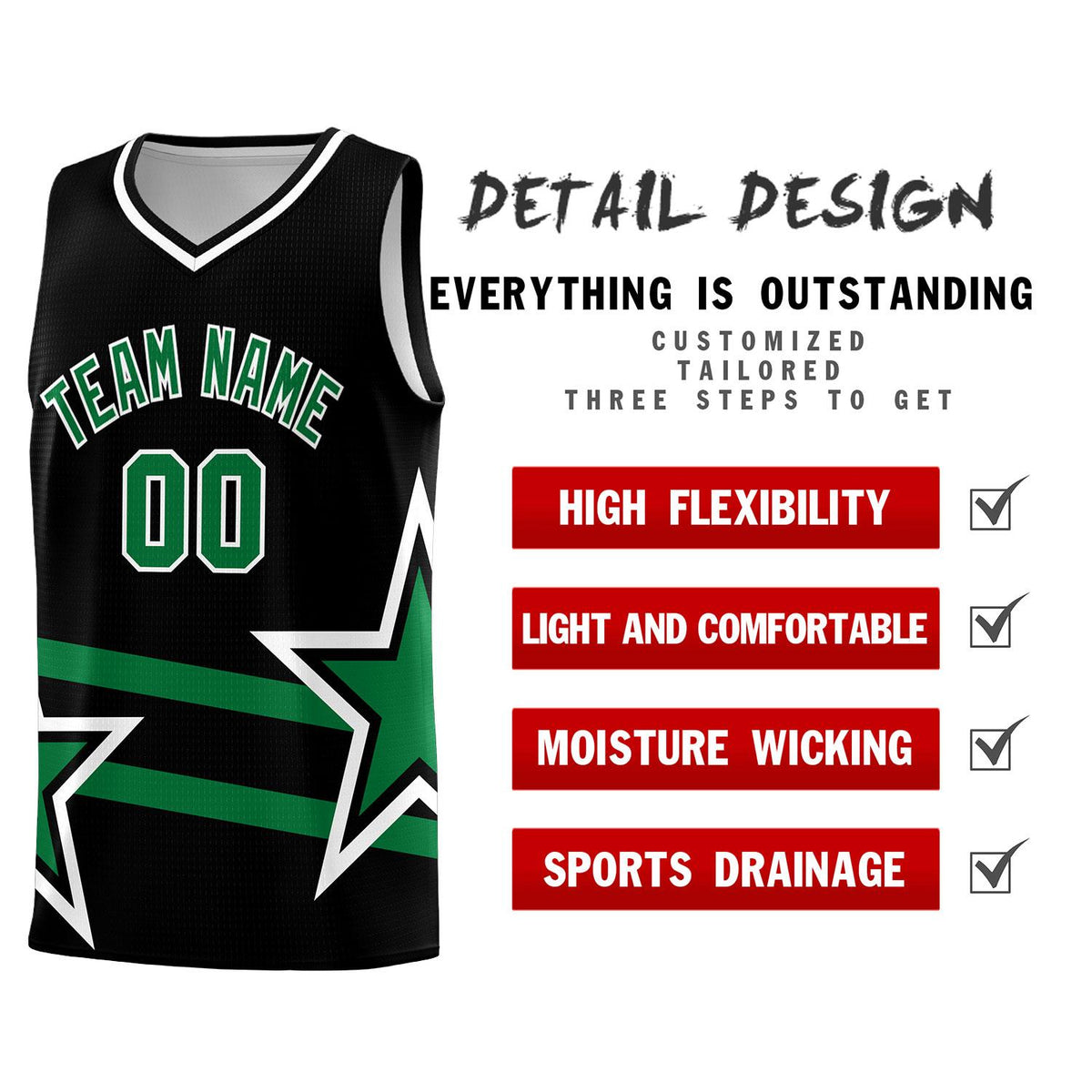 Custom Black Basketball Kits With Kelly Green Star Pattern And Double Lines
