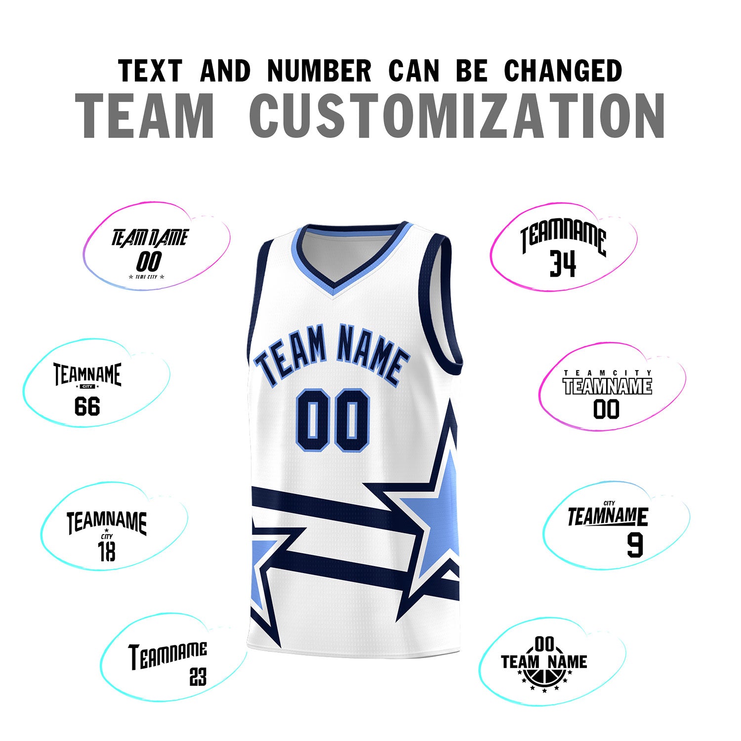 Custom White Basketball Kits With Light Blue Star Pattern And Double Lines